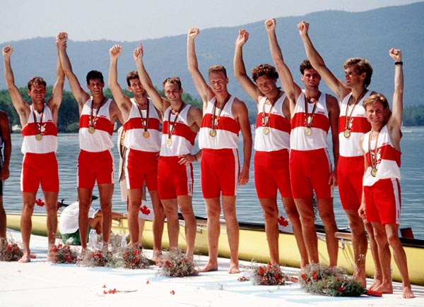 Canada's men's 8+ rowing team celebrate their gold medal win in the 8+ rowing event at the 1992 Olympic games in Barcelona. (CP PHOTO/ COA/Ted Grant)