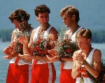 Canada's women's 8+ rowing team celebrate their gold medal win in the 8+ rowing event at the 1992 Olympic games in Barcelona. (CP PHOTO/ COA/Ted Grant)