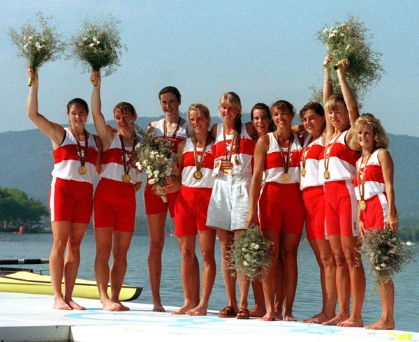 Canada's women's 8+ rowing team celebrate their gold medal win in the 8+ rowing event at the 1992 Olympic games in Barcelona. (CP PHOTO/ COA/Ted Grant)