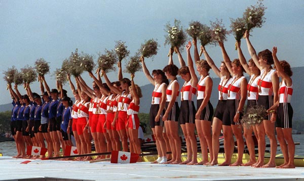 Canada's women's 8+ rowing team (centre) celebrate their gold medal win in the 8+ rowing event at the 1992 Olympic games in Barcelona. (CP PHOTO/ COA/Ted Grant)