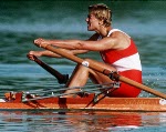 Canada's Silken Laumann (right) celebrates her bronze medal win with gold medal winner Elisabeta Lipa of Romania (centre) and silver medal winner Annelies Bredael (left) of Belgium in the 1x rowing event at the 1992 Olympic games in Barcelona. (CP PHOTO/