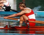 Canada's Silken Laumann (right) celebrates her bronze medal win with gold medal winner Elisabeta Lipa of Romania (centre) and silver medal winner Annelies Bredael (left) of Belgium in the 1x rowing event at the 1992 Olympic games in Barcelona. (CP PHOTO/