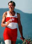 Canada's Silken Laumann (right) celebrates her bronze medal win with gold medal winner Elisabeta Lipa of Romania (centre) and silver medal winner Annelies Bredael (left) of Belgium in the 1x rowing event at the 1992 Olympic games in Barcelona. (CP PHOTO/