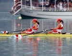 Canada's Marnie McBean (back) and Kathleen Heddle celebrate their gold medal win in the 2- rowing event at the 1992 Olympic games in Barcelona. (CP PHOTO/ COA/Ted Grant)