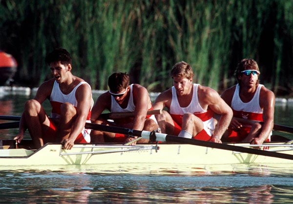 Canada's (from left) Cedric Burgers, Greg Stevenson, Brian Saunderson and Don Telfer competing in the men's 4- rowing event at the 1992 Olympic games in Barcelona. (CP PHOTO/ COA/F.S. Grant)