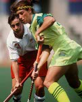 Canada's Sharon Creelman (centre) Deb Covey (right) and Debbie Whitten (goalie) competing in the field hockey event at the 1992 Olympic games in Barcelona. (CP PHOTO/ COA/Claus Andersen)