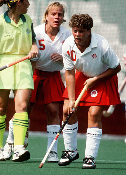 Canada's Bernie Bowyer (10) and Tara Croxford (5)  competing in the field hockey event at the 1992 Olympic games in Barcelona. (CP PHOTO/ COA/Ted Grant)