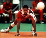 Canada's Kent Greves (left) and Randy Gingera  competing in the volleyball event at the 1992 Olympic games in Barcelona. (CP PHOTO/ COA/ Claus Andersen)