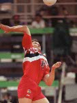 Canada's Bill Knight (left) and Gino Brousseau competing in the volleyball event at the 1992 Olympic games in Barcelona. (CP PHOTO/ COA/ Claus Andersen)