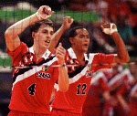 Canada's Kent Greves (left) and Randy Gingera  competing in the volleyball event at the 1992 Olympic games in Barcelona. (CP PHOTO/ COA/ Claus Andersen)
