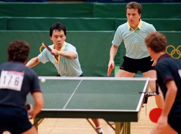 Canada's Joe Ng (left) and Horatio Pintea competing in the table tennis event at the 1988 Olympic games in Seoul. (CP PHOTO/ COA/ Cromby McNeil)