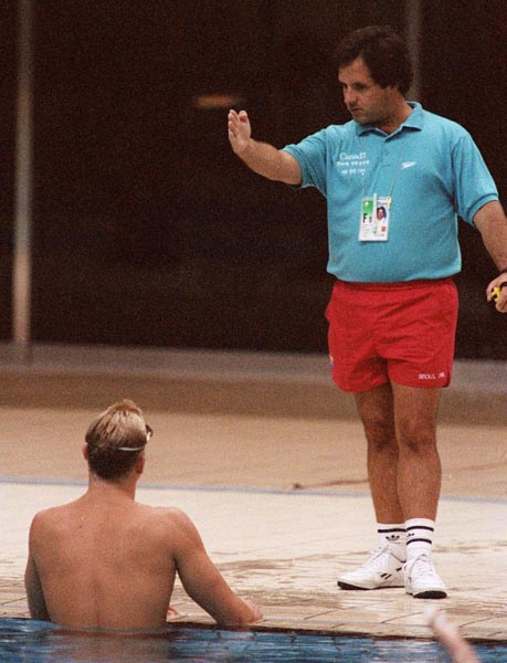 Canada's Sandy Goss and his coach Tom Johnson at the 1988 Olympic games in Seoul. (CP PHOTO/ COA/ Cromby McNeil)