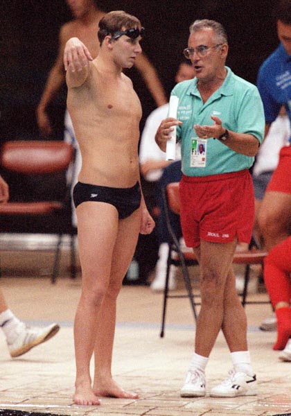 Canada's Tom Ponting and his coach Deryk Snelling competing in the swimming event at the 1988 Olympic games in Seoul. (CP PHOTO/ COA/ Cromby McNeil)