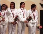 Canada's Lori Melien, Allison Higson, Jane Kerr and Andrea Nugent celebrate their bronze medal win in the women's IM swimming event at the 1988 Olympic games in Seoul. (CP PHOTO/ COA/ Ted Grant)