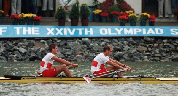 Canada's Don Dickinson (Left) and David Johnson competing in the rowing event at the 1988 Olympic games in Seoul. (CP PHOTO/ COA/ Cromby McNeil)