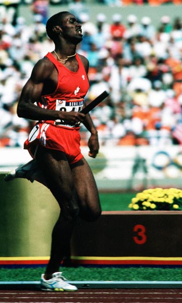 Canada's Anton Skerrit competing in the 4x400m relay  event at the 1988 Olympic games in Seoul. (CP PHOTO/ COA/ F.S.Grant)