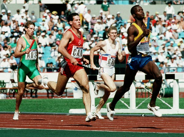 Canada's John Graham (7) competing in the 4x400m relay  event at the 1988 Olympic games in Seoul. (CP PHOTO/ COA/ F.S.Grant)