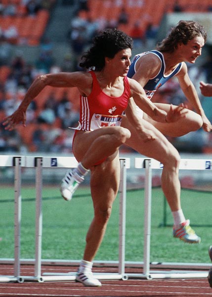 Canada's Julie Rocheleau competing in the 110m hurdles event at the 1988 Olympic games in Seoul. (CP PHOTO/ COA/F.S.Grant)