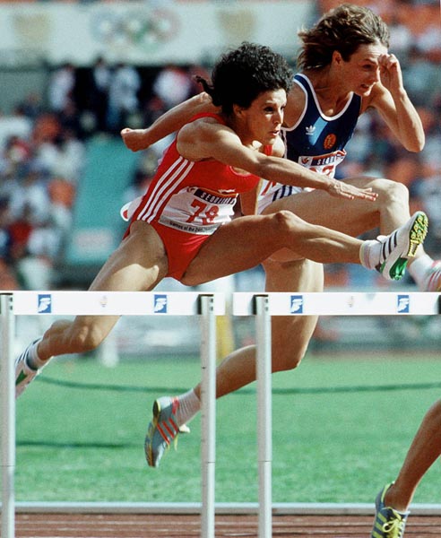 Canada's Julie Rocheleau competing in the 110m hurdles event at the 1988 Olympic games in Seoul. (CP PHOTO/ COA/F.S.Grant)