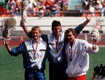 Canada's Dave Steen celebrates his bronze medal win in the decathlon event at the 1988 Olympic games in Seoul. (CP PHOTO/ COA/ F.S.Grant)