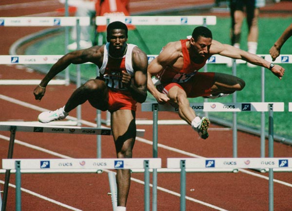 Canada's Mark McKoy competing in the 110m hurdles event at the 1988 Olympic games in Seoul. (CP PHOTO/ COA/F.S.Grant)