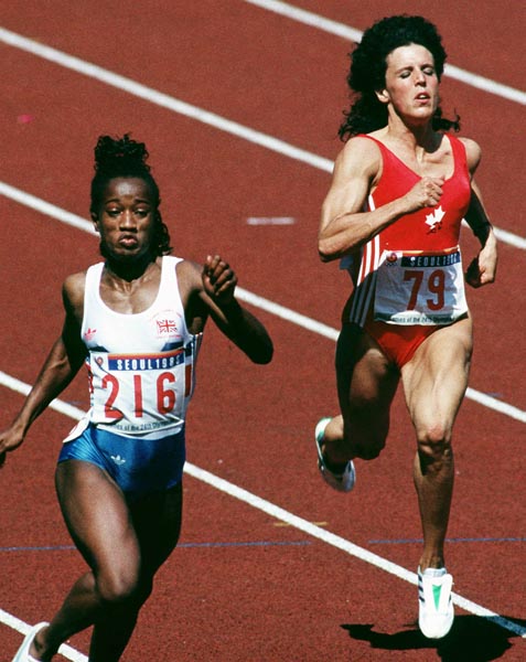Canada's Julie Rocheleau (right) competing in the 100m event at the 1988 Olympic games in Seoul. (CP PHOTO/ COA/F.S.Grant)