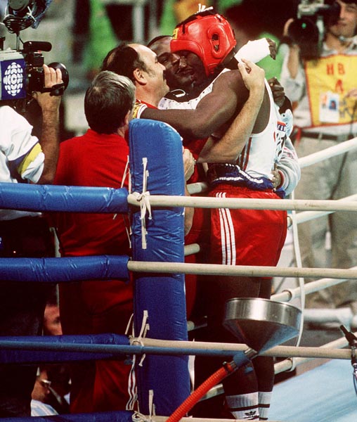Canada's Lennox Lewis celebrates after winning the gold medal in the boxing event at the 1988 Olympic Games in Seoul. (CP Photo/ COA/S.Grant)