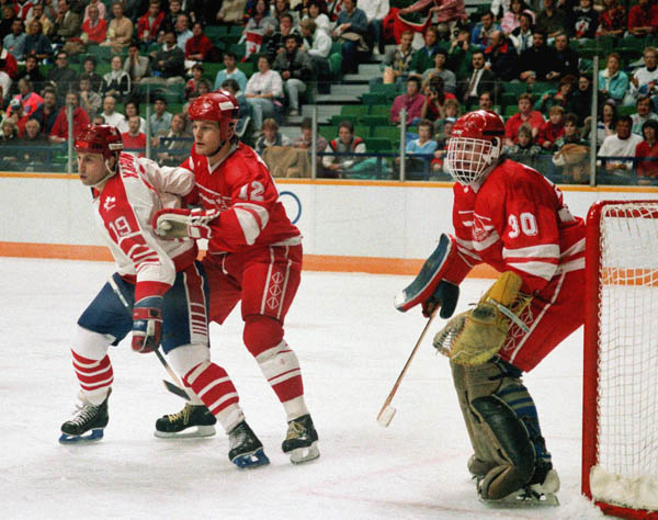 Canada's Vaughn Karpan (#19) participating in the hockey event at the 1988 Winter Olympics in Calgary. (CP PHOTO/COA/S.Grant)