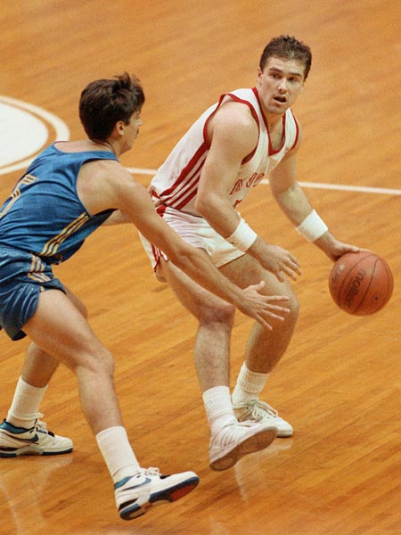 Canada's Dave Turcotte (right) competing in the basketball event at the 1988 Olympic games in Seoul. (CP PHOTO/ COA/ S. Grant)