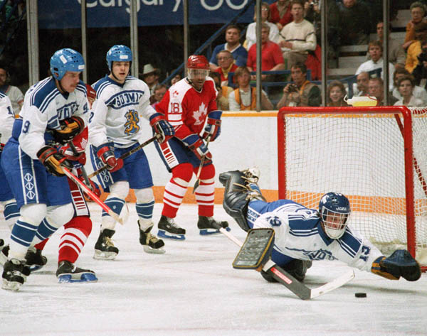 Canada's Claude Vilgrain (#18) participates in the hockey event at the 1988 Winter Olympics in Calgary.(CP PHOTO/COA/S.Grant)