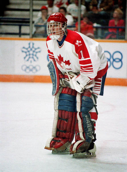 Canada's Sean Burke (#1) participates in the hockey event at the 1988 Winter Olympics in Calgary.(CP PHOTO/COA/S.Grant)