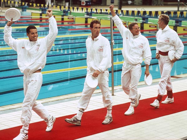Canada's men's relay team from left Mark Tewksbury, Victor Davis, Tom Ponting and Sandy Goss competing in the swimming event at the 1988 Olympic games in Seoul. (CP PHOTO/ COA/ Cromby McNeil)