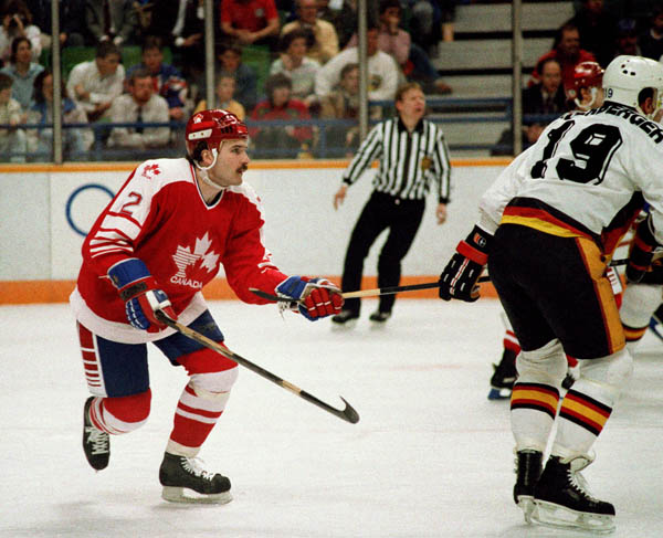 Canada's Timothy Watters (#2) participates in the hockey event at the 1988 Winter Olympics in Calgary. (CP PHOTO/COA/S.Grant)