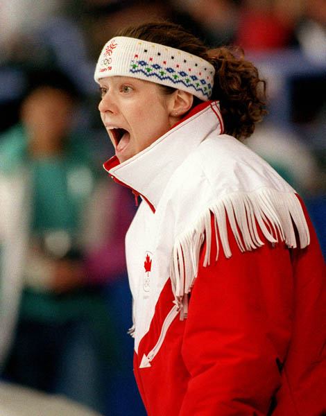 Canada's Marie-Pierre Lamarche cheers on teammates during the speedskating event at the 1988 Winter Olympics in Calgary. (CP PHOTO/COA/T. O'lett)