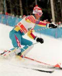 Canadian Jean-Philippe Roy, of Sainte-Flavie, Quebec, races down the Slalom course during the Men's Combined in Snow Basin, Utah Wednesday Feb. 13, at the 2002 Olympic Winter Games. (CP Photo/COA/Andre Forget).