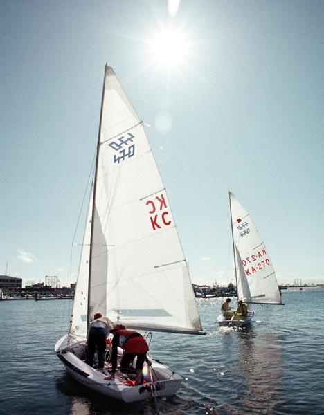 Canada's Nigel Cochran and Gord McIlquham (KC) competing in the yachting event at the 1988 Olympic games in Seoul. (CP PHOTO/ COA/ Cromby McNeil)