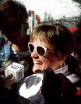 Canada's Karen Percy celebrates her bronze medal win in the alpine ski event at the 1988 Winter Olympics in Calgary. (CP PHOTO/ COA/C. McNeil)