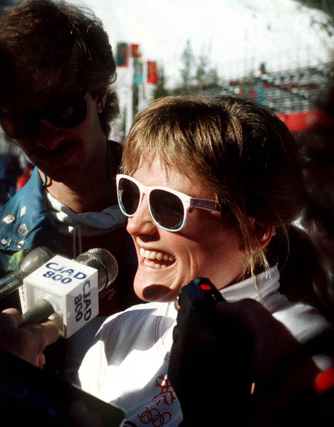 Canada's Karen Percy answers questions during the alpine ski event at the 1988 Winter Olympics in Calgary. (CP PHOTO/ COA/C. McNeil)