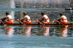 Jim Hennigar, Pat Crosskerry, Mel Laforme, Ron Burak et Alexander Manson du Canada participent  l'preuve du huit d'aviron avec barreur aux Jeux olympiques de Montral de 1976. (Photo PC/AOC)