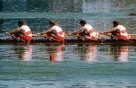 Jim Hennigar, Pat Crosskerry, Mel Laforme, Ron Burak et Alexander Manson du Canada participent  l'preuve du huit d'aviron avec barreur aux Jeux olympiques de Montral de 1976. (Photo PC/AOC)