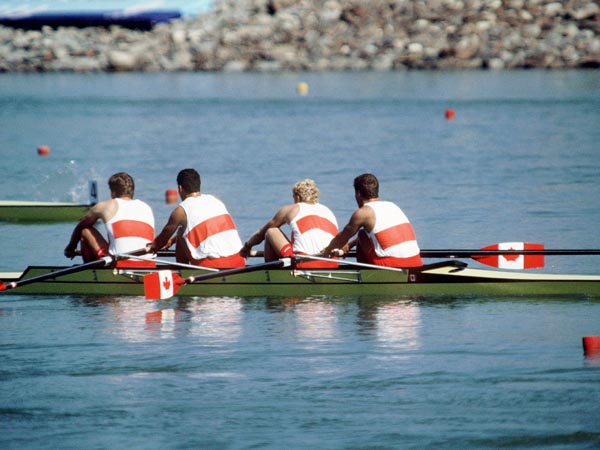 (From left to right) Canada's John Ossowski, Bruce Robertson, Darby Berkhout and  Ray Collier competing in the rowing event at the 1988 Olympic games in Seoul. (CP PHOTO/ COA/ Cromby McNeil)