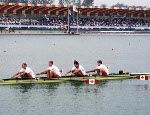 (From front) Canada's Harold Backer, Robert Marland, John Houlding Brian Saunderson and Terry Paul competing in the rowing event at the 1988 Olympic games in Seoul. (CP PHOTO/ COA/ Cromby McNeil)