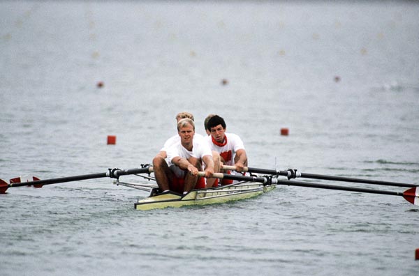 (From front) Canada's Harold Backer, Robert Marland, John Houlding Brian Saunderson and Terry Paul competing in the rowing event at the 1988 Olympic games in Seoul. (CP PHOTO/ COA/ Cromby McNeil)