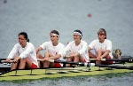(From left to right) Canada's Tricia Smith, Jane Tregunno, Heather Clarke, Jennifer Wallings and Lesley Thompson competing in the rowing event at the 1988 Olympic games in Seoul. (CP PHOTO/ COA/ Cromby McNeil)