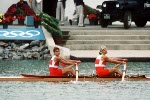 Canada's Silken Laumann celebrates her bronze medal win in the 1x rowing event at the 1992 Olympic games in Barcelona. (CP PHOTO/ COA/F.S. Grant)