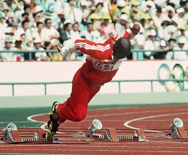 Canada's Ben Johnson warms-up for the 100m event at the 1988 Olympic games in Seoul. (CP PHOTO/ COA/ Cromby McNeil)