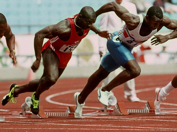 Canada's Ben Johnson (left) competes in the 100m event at the 1988 Olympic games in Seoul. (CP PHOTO/ COA/ T. O'lett)