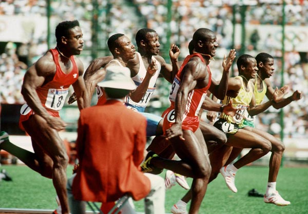 Canada's Ben Johnson (third from right) and Desi Williams (far left) compete in the 100m event at the 1988 Olympic games in Seoul. (CP PHOTO/ COA/ T. O'lett)