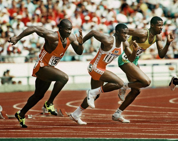 Canada's Ben Johnson (left) compete in the 100m event at the 1988 Olympic games in Seoul. (CP PHOTO/ COA/ T. O'lett)
