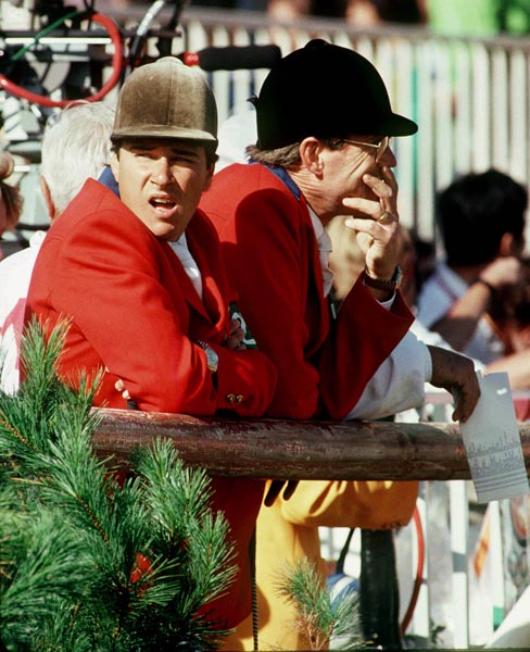 Canada's Mario Deslauriers (left) and Ian Miller keep a watchfull eye at the equestrian event at the 1988 Olympic games in Seoul. (CP PHOTO/ COA/ C. McNeil)